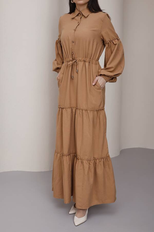 6567-Carla Büzgülü Elbise Camel