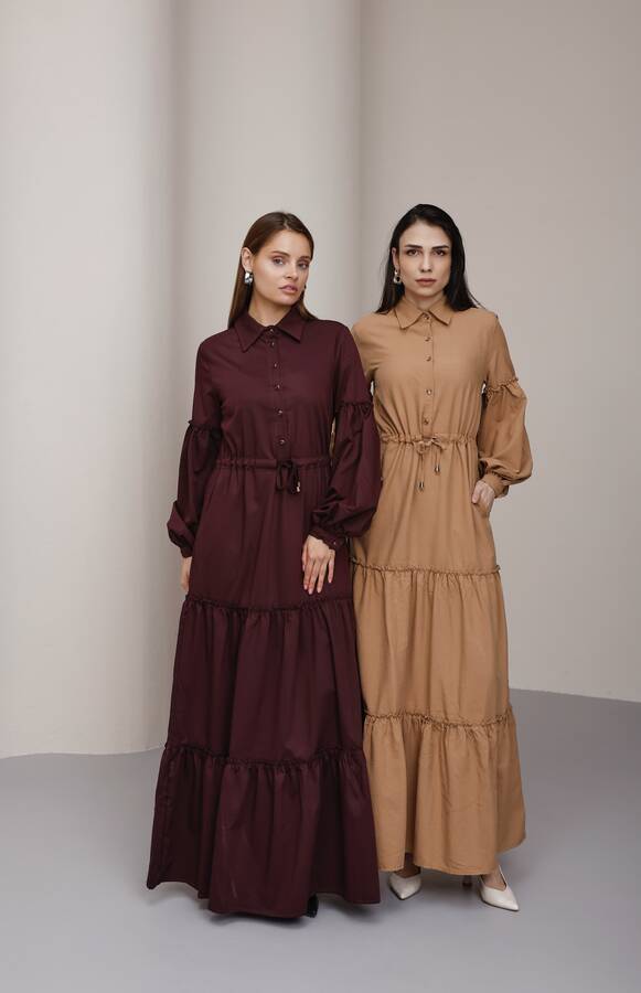 6567-Carla Büzgülü Elbise Camel