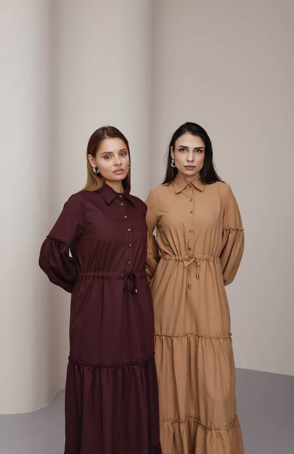 6567-Carla Büzgülü Elbise Camel