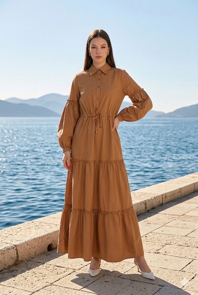 Neways - 6567-Carla Büzgülü Elbise Camel