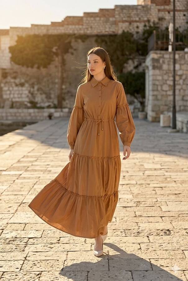 6567-Carla Büzgülü Elbise Camel