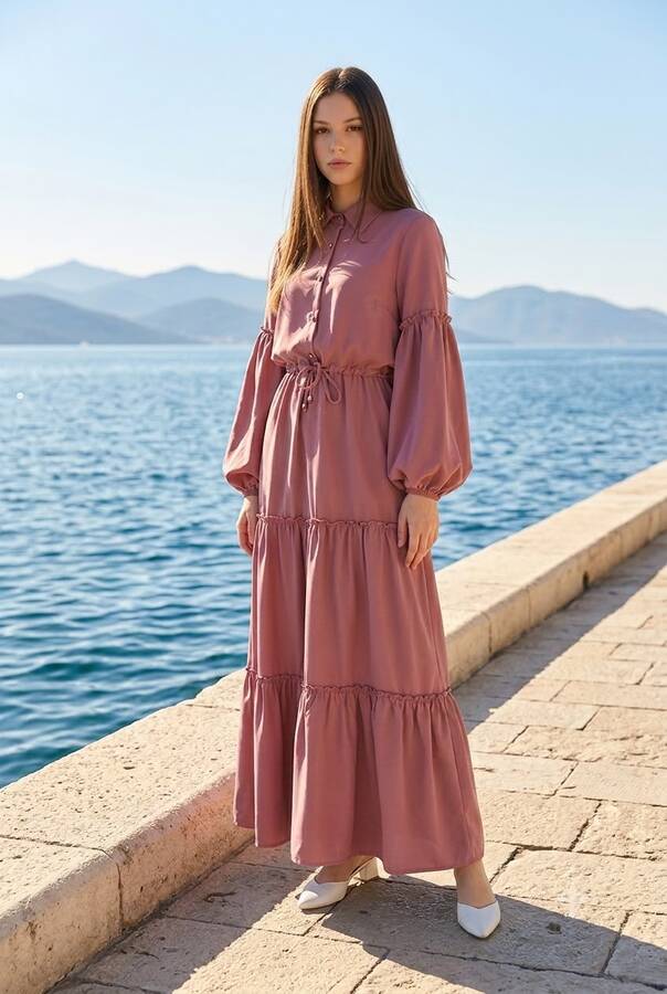6567-Carla Büzgülü Elbise Gül Kurusu