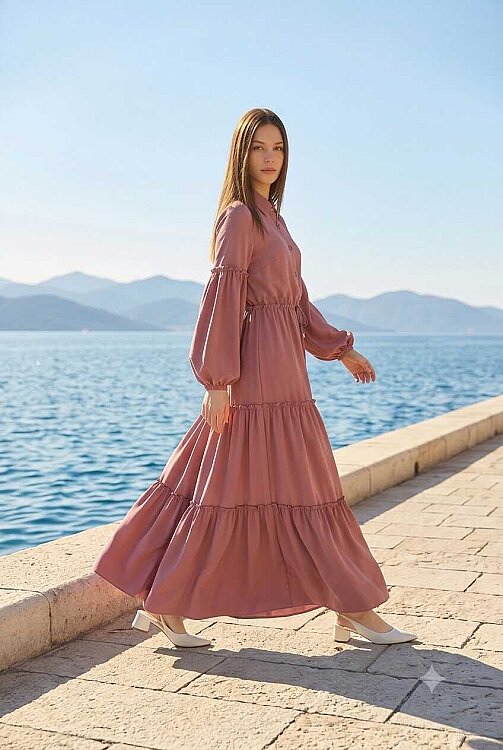 6567-Carla Büzgülü Elbise Gül Kurusu - 2