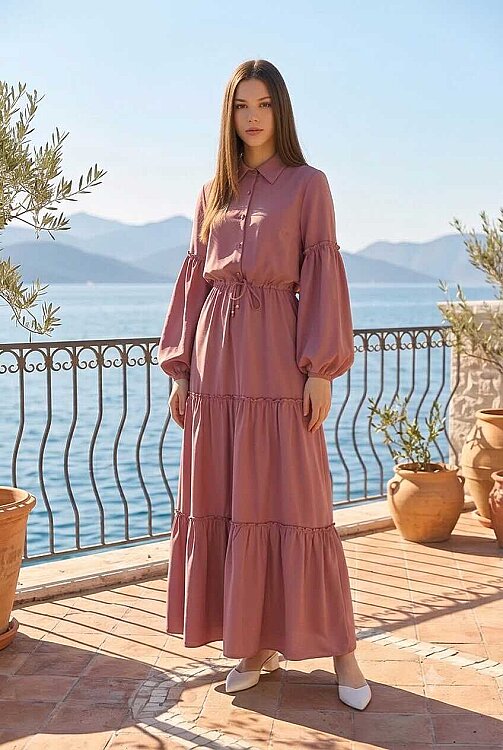6567-Carla Büzgülü Elbise Gül Kurusu - 4