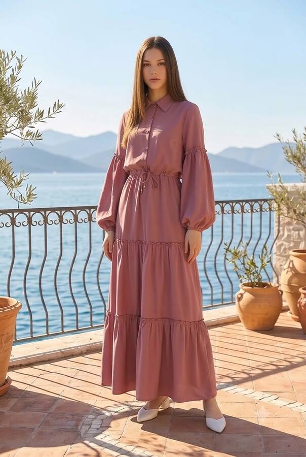 6567-Carla Büzgülü Elbise Gül Kurusu