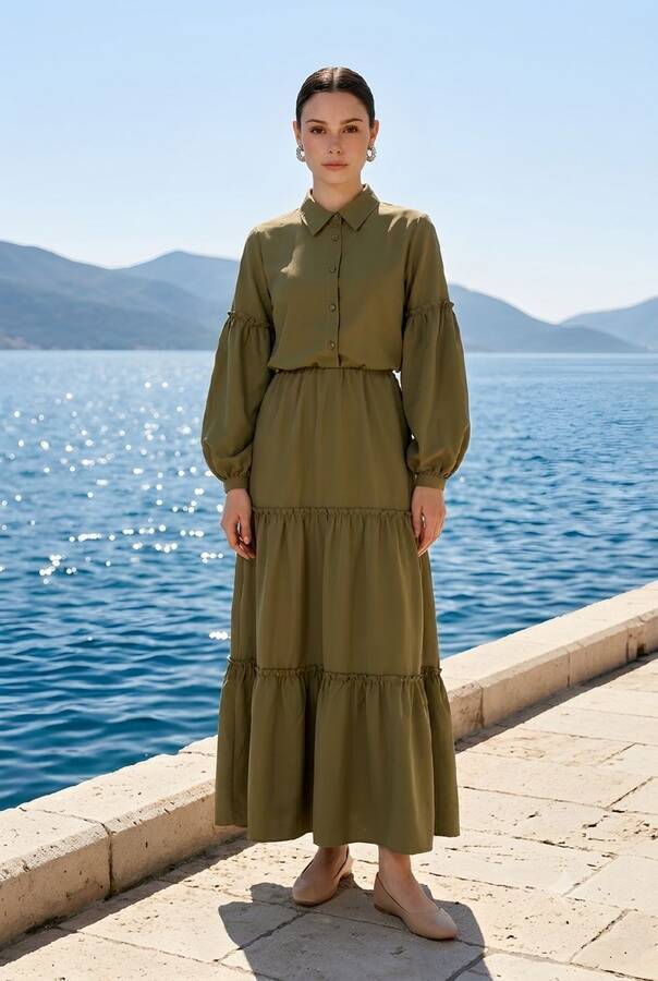 6567-Carla Büzgülü Elbise Haki
