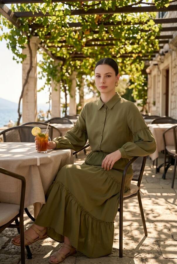 6567-Carla Büzgülü Elbise Haki