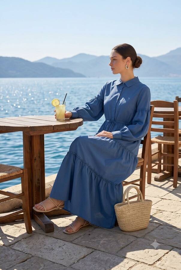 6567-Carla Büzgülü Elbise İndigo