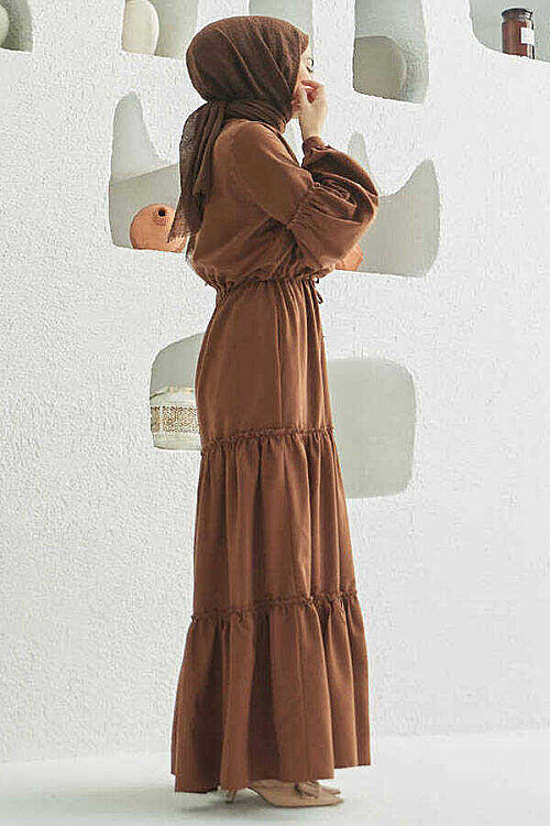 6567-Carla Büzgülü Elbise Kahve - 7