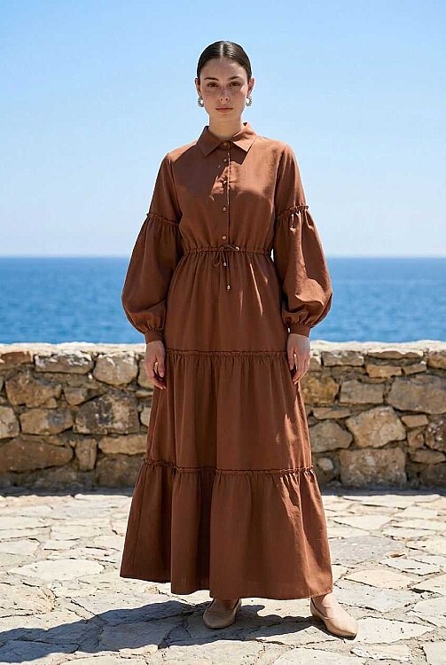 6567-Carla Büzgülü Elbise Kahve - 2