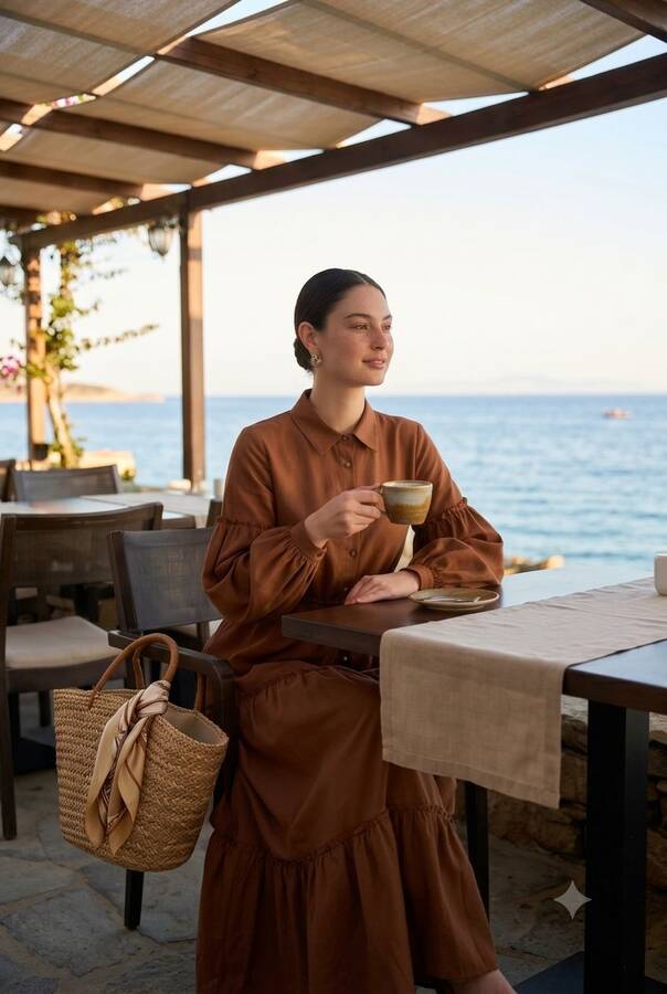 6567-Carla Büzgülü Elbise Kahve