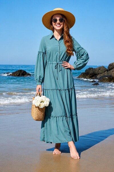 Neways - 6567-Carla Büzgülü Elbise Mint Yeşili