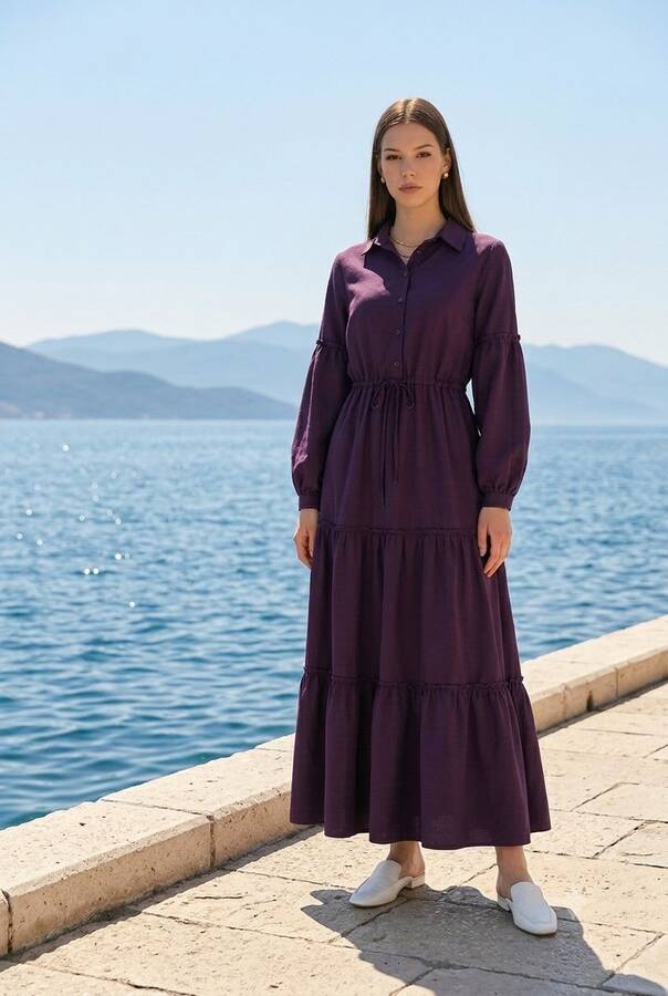 6567-Carla Büzgülü Elbise Mürdüm