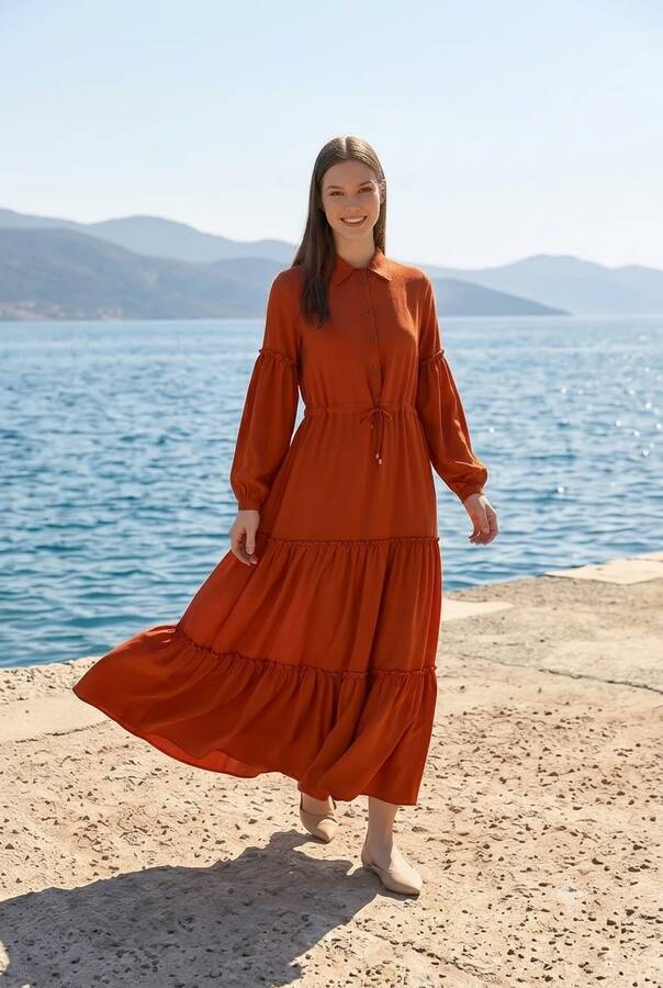 6567-Carla Büzgülü Elbise Tarçın