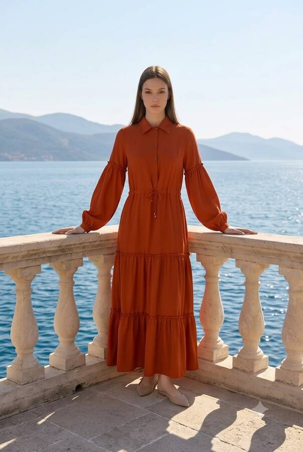 6567-Carla Büzgülü Elbise Tarçın