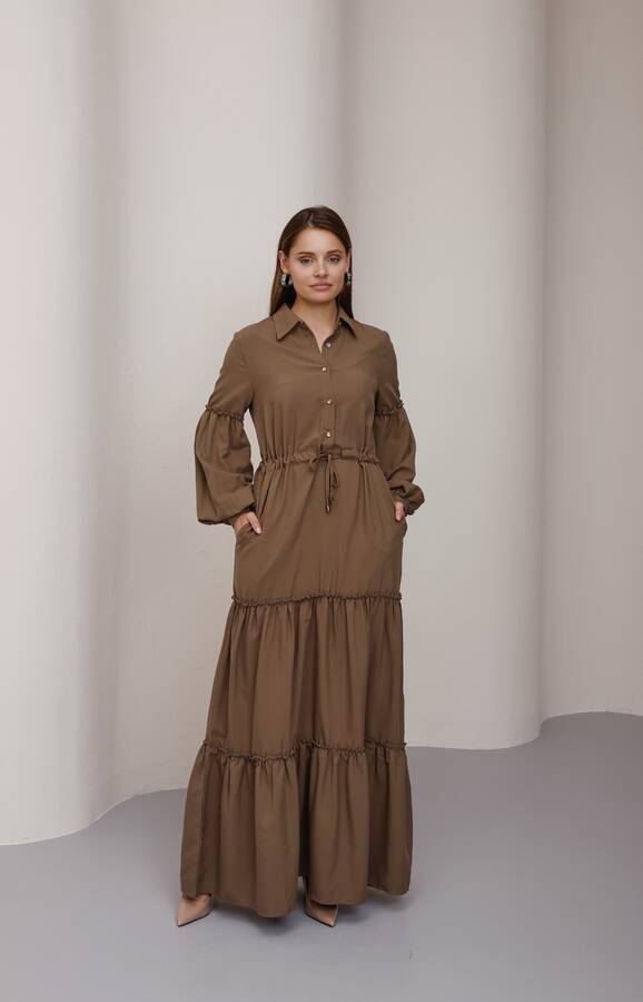 6567-Carla Büzgülü Elbise Vizon