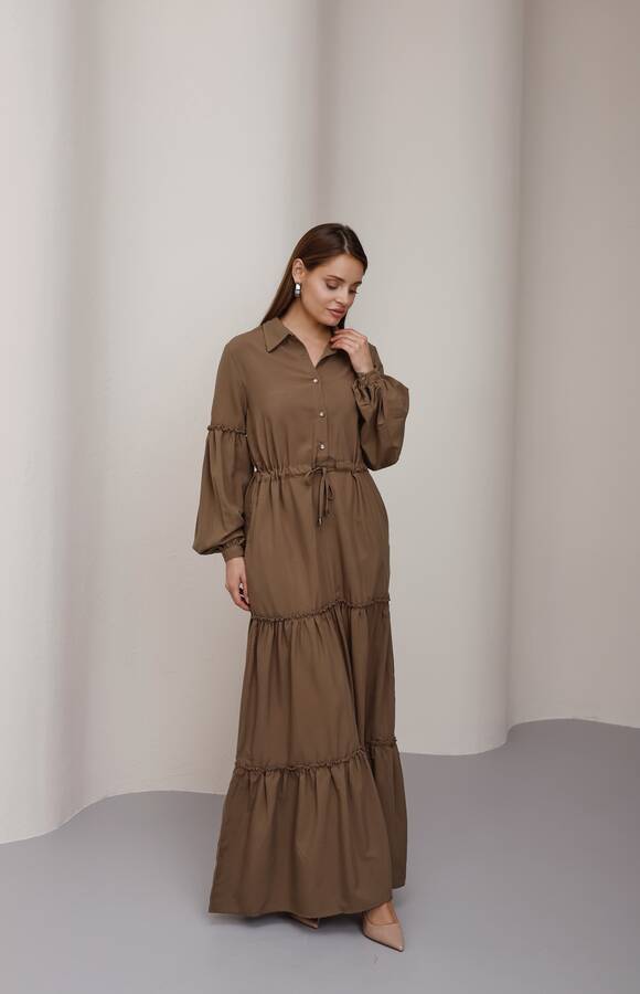 6567-Carla Büzgülü Elbise Vizon