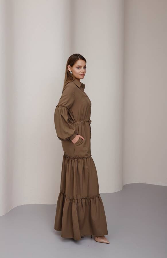 6567-Carla Büzgülü Elbise Vizon