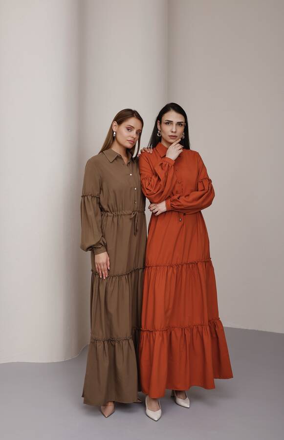 6567-Carla Büzgülü Elbise Vizon