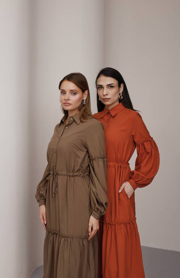 6567-Carla Büzgülü Elbise Vizon