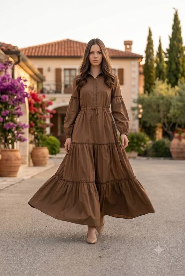 6567-Carla Büzgülü Elbise Vizon