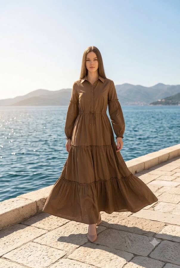 6567-Carla Büzgülü Elbise Vizon