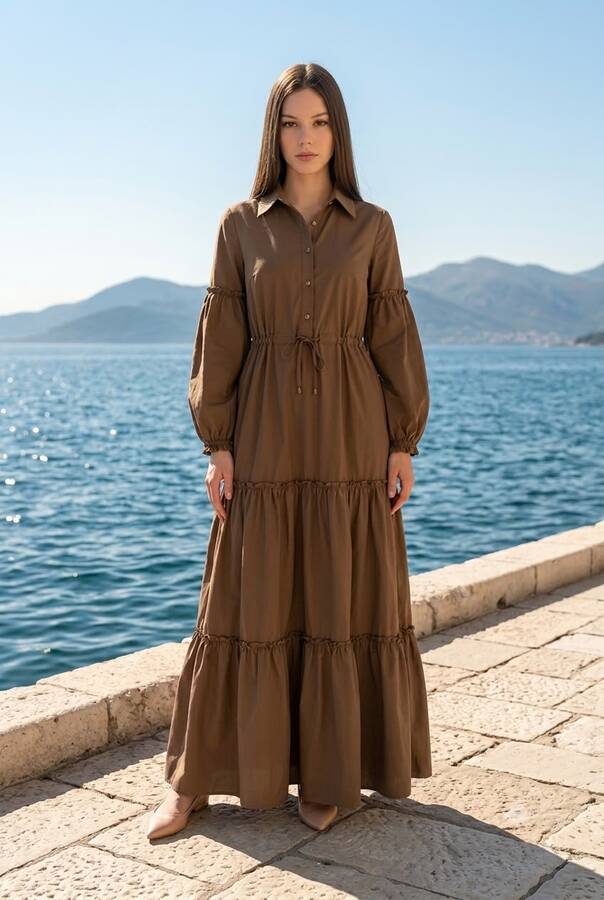 6567-Carla Büzgülü Elbise Vizon
