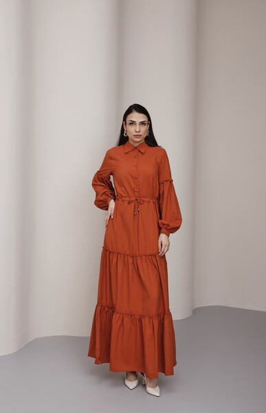 Neways - 6567-Büzgülü Bağcıklı Elbise Taba