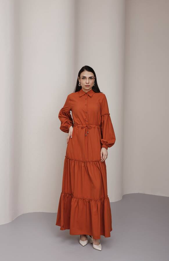 6567-Büzgülü Bağcıklı Elbise Taba