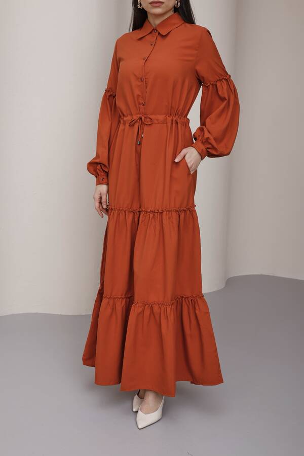 6567-Büzgülü Bağcıklı Elbise Taba