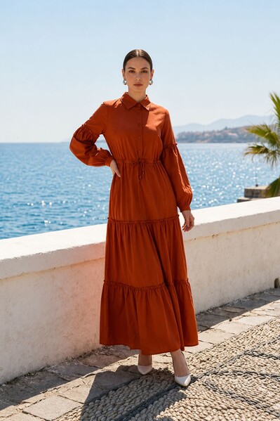 Neways - 6567-Büzgülü Bağcıklı Elbise Taba