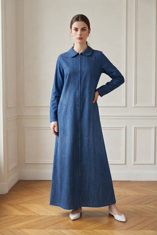 6568-Denim Fermuarlı Ferace Koyu Mavi