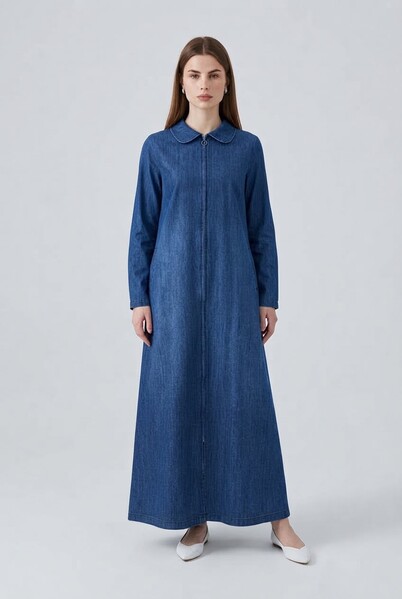 Neways - 6568-Denim Fermuarlı Ferace Koyu Mavi