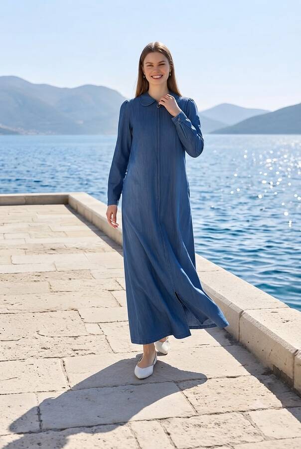 6568-Denim Fermuarlı Ferace Lacivert