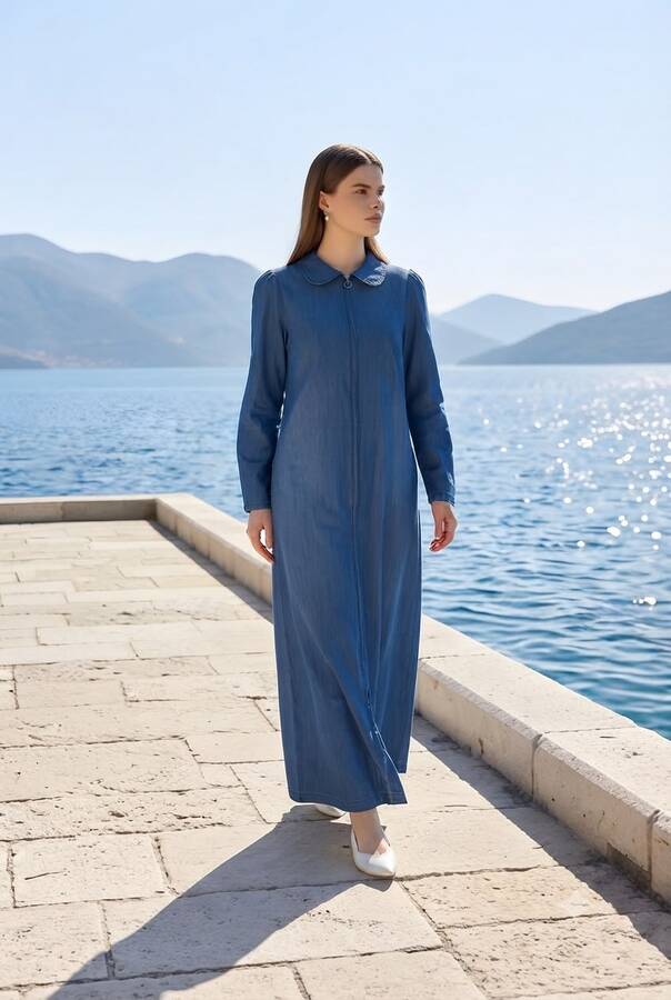 6568-Denim Fermuarlı Ferace Lacivert