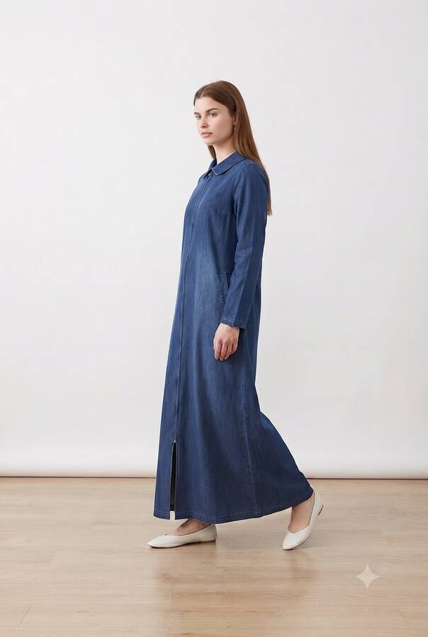 6568-Denim Fermuarlı Ferace Lacivert