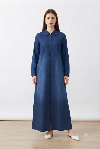 Neways - 6568-Denim Fermuarlı Ferace Lacivert