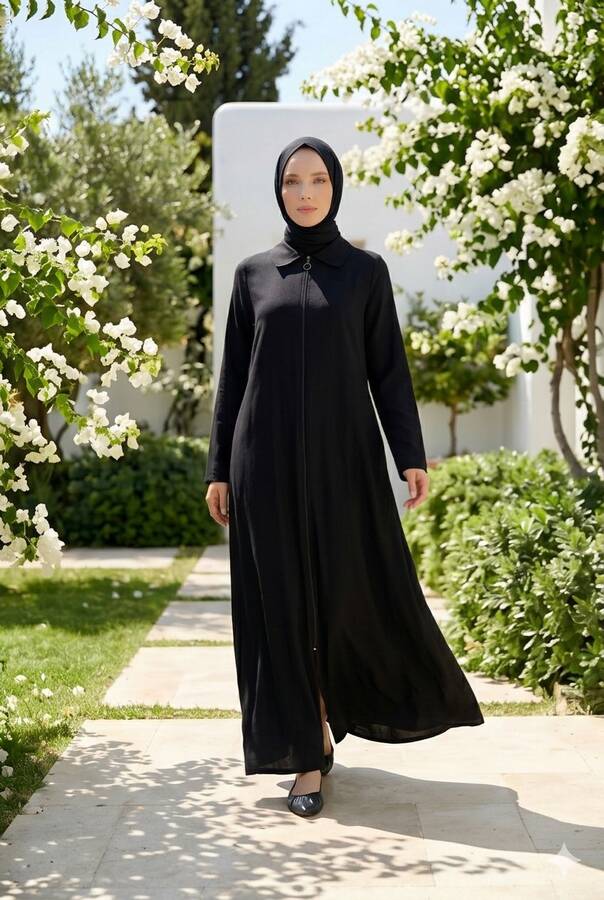 6568-Denim Fermuarlı Ferace Siyah
