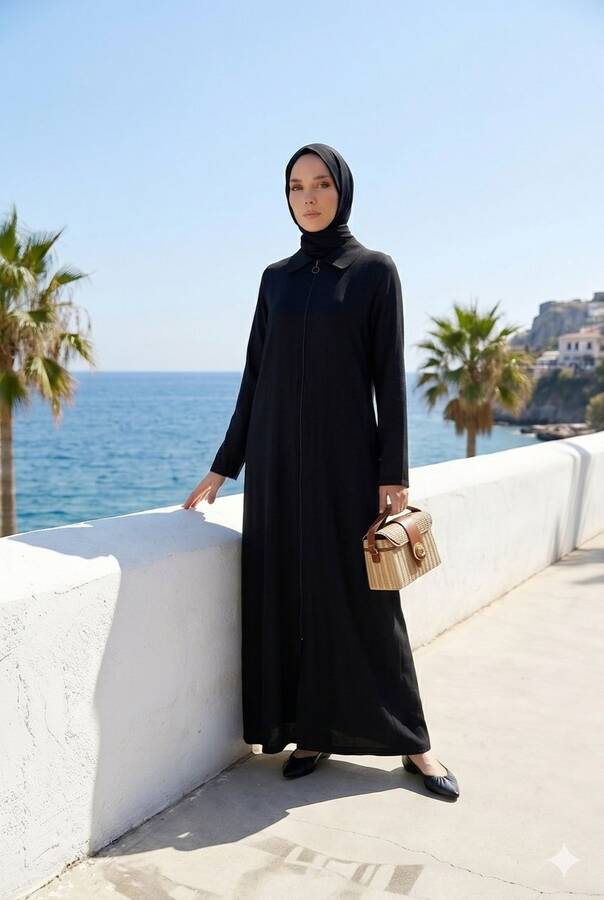 6568-Denim Fermuarlı Ferace Siyah