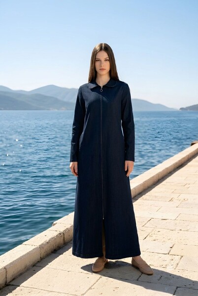 Neways - 6568-Denim Fermuarlı Ferace Koyu Petrol