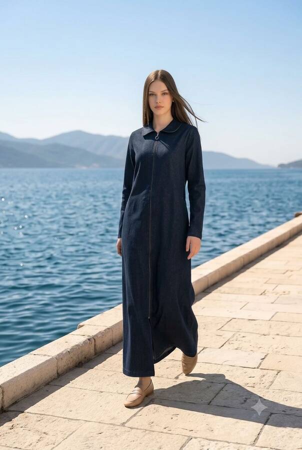 6568-Denim Fermuarlı Ferace Koyu Petrol