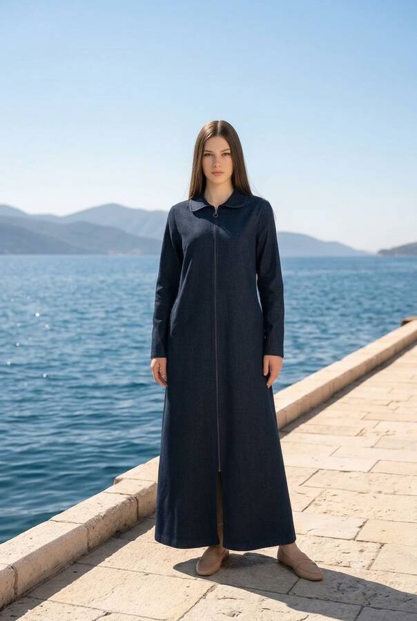6568-Denim Fermuarlı Ferace Koyu Petrol DENİM Neways