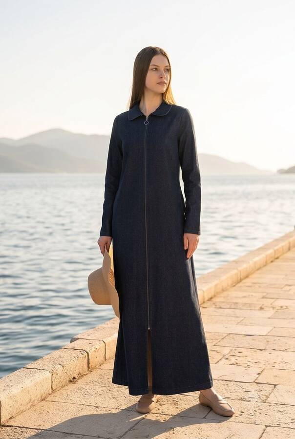 6568-Denim Fermuarlı Ferace Koyu Petrol