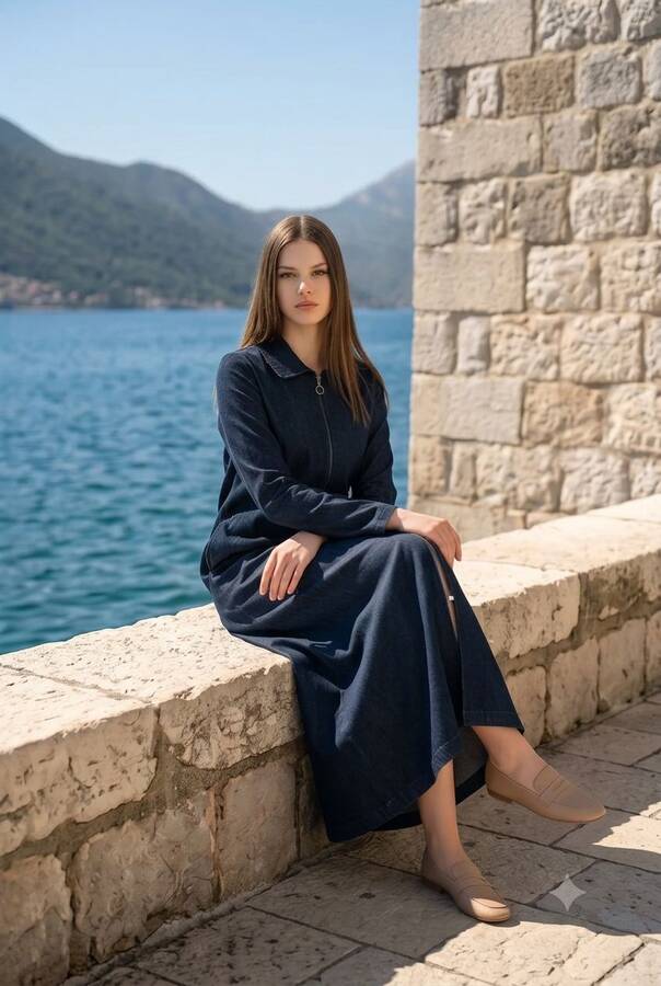 6568-Denim Fermuarlı Ferace Koyu Petrol