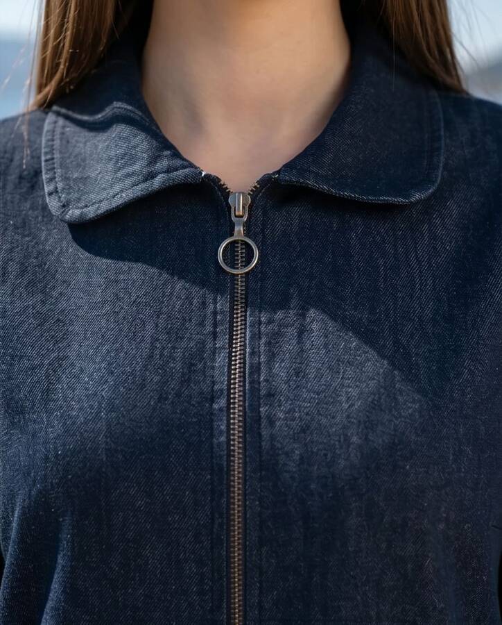 6568-Denim Fermuarlı Ferace Koyu Petrol