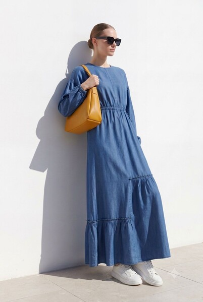 Neways - 6570-Denim Asimetrik Büzgülü Elbise Koyu Mavi