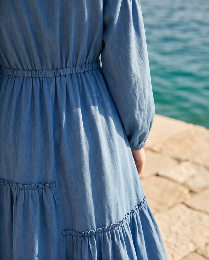 6570-Denim Asimetrik Büzgülü Elbise Koyu Mavi
