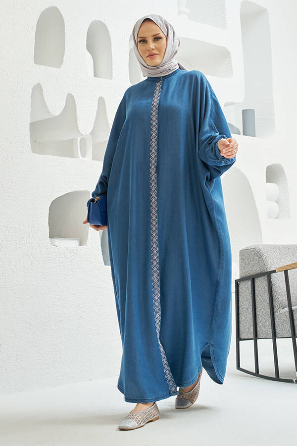 6571-Taşlı Tensel Abaya Koyu Mavi