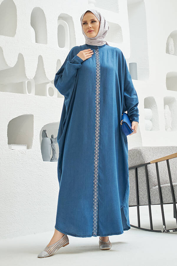 6571-Taşlı Tensel Abaya Koyu Mavi