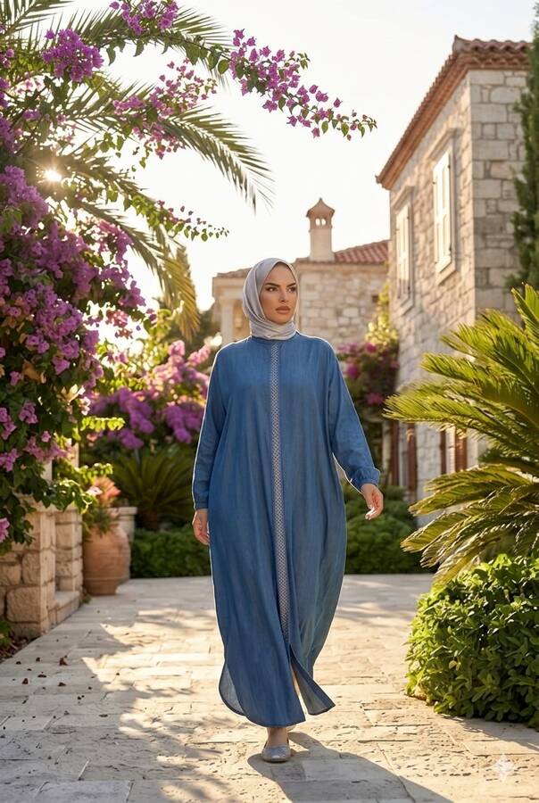 6571-Taşlı Tensel Abaya Koyu Mavi